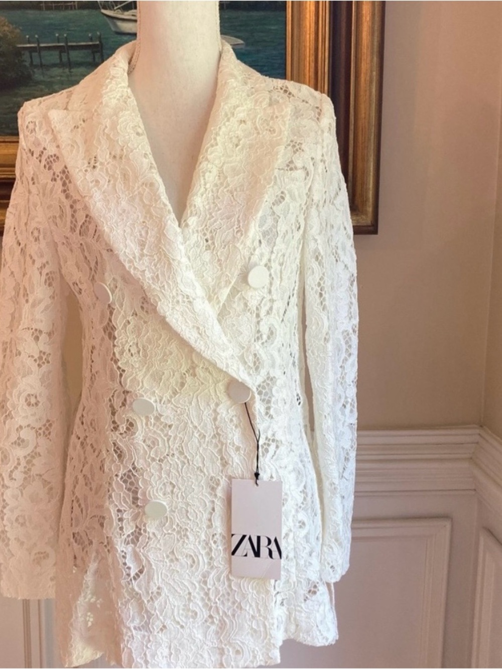 ZARA White Lace Double Breasted Blazer NWT